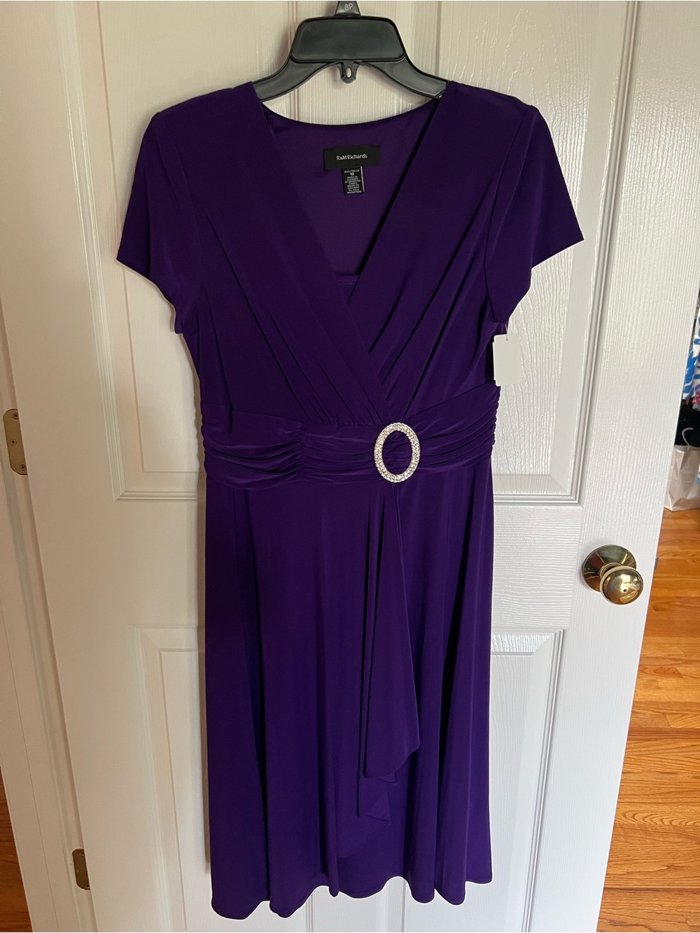 R&M Richards Deep Purple V-Neck Waist-Ruched Dress with Jeweled Buckle